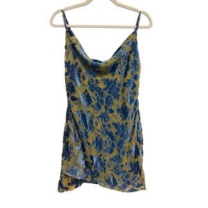 Cloud Ten Mini Dress Size Medium Velvet Floral Cowl Neck Blue Beige Lined Boho